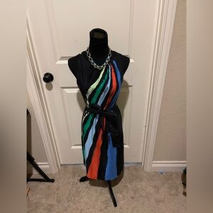 Tibi Black and Blue Sheath Midi Dress Halter Neckline Cocktail